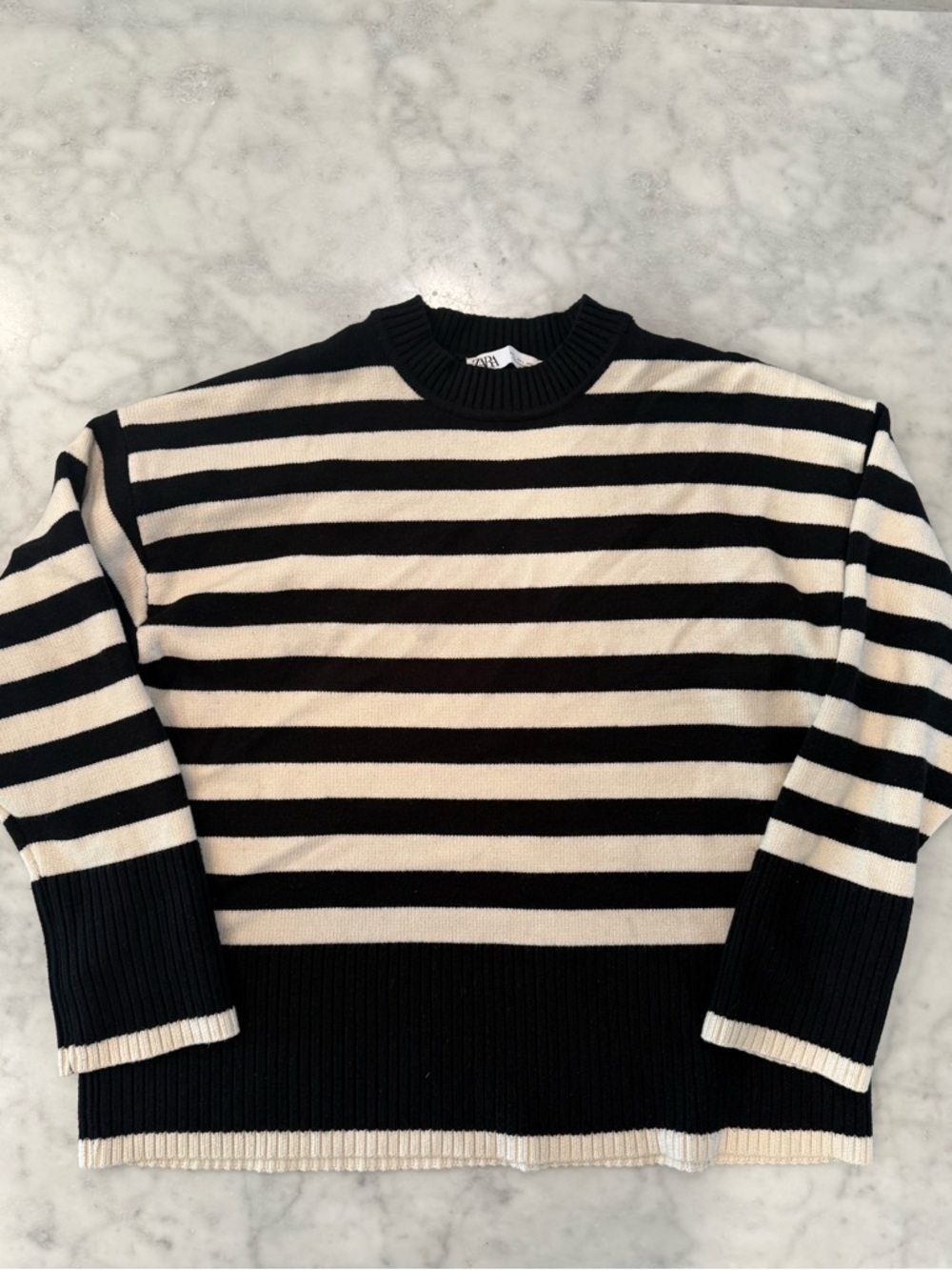 Zara Black and Cream Striped Crewneck Sweater
